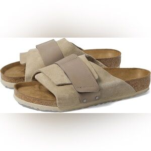 Birkenstock Kyoto Suede Slide Sandals Sz 10 Hook Loops Strap Grey Open Toe Taupe